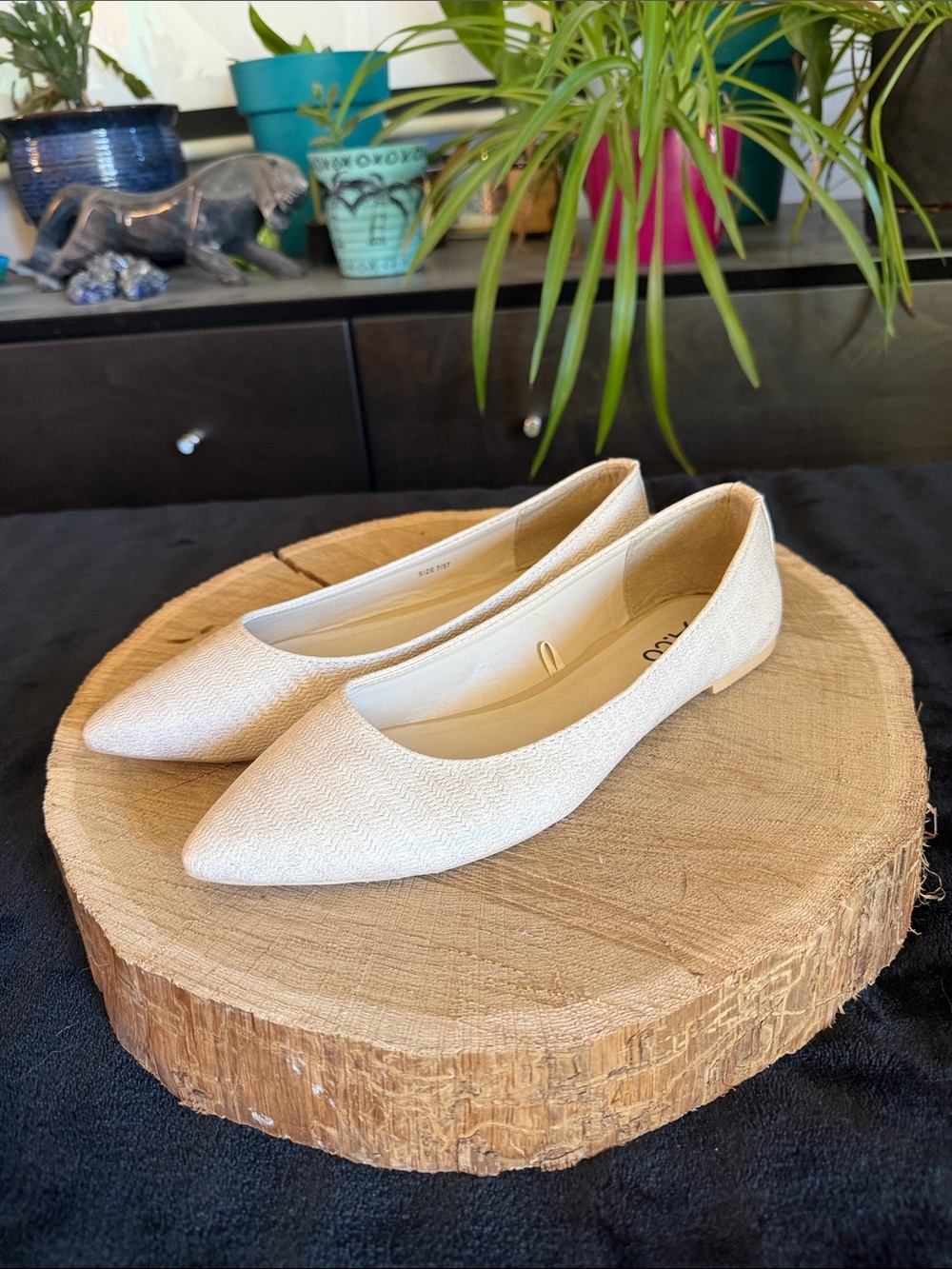 CO Pointed-Toe Woven Flats in Shinmery Light Beige Cream Colour